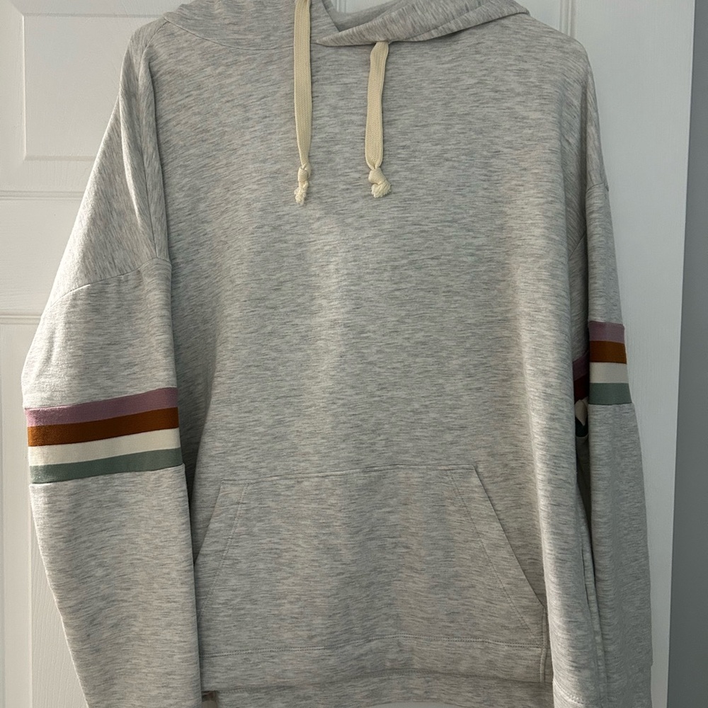 Madewell Light Gray Hoodie with Striped Sleeves